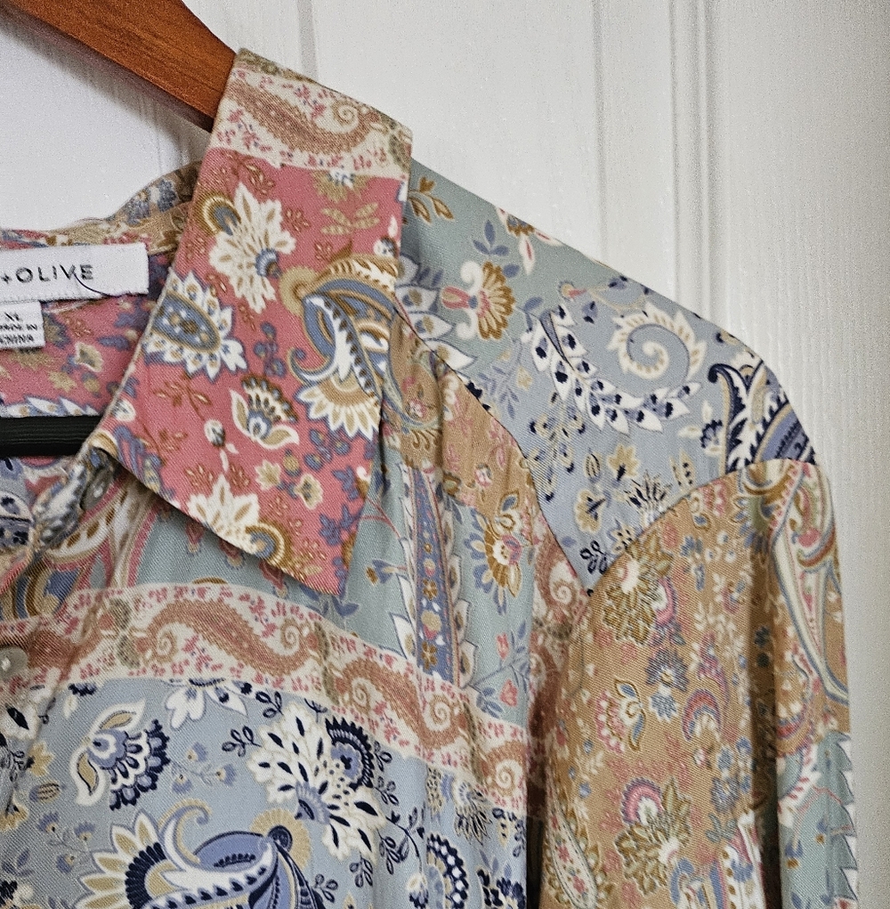 Rose + Olive Paisley Patchwork Button Down Blouse… - image 6